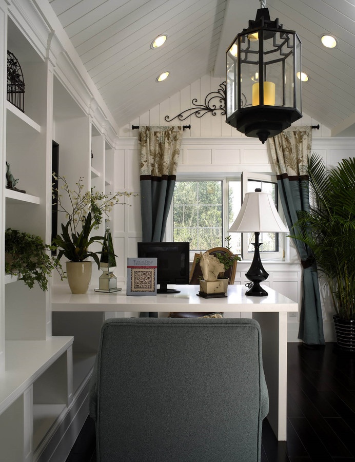 歐式別墅開放式最熱門書房集成吊頂窗戶窗簾電腦桌書柜裝修效果圖片