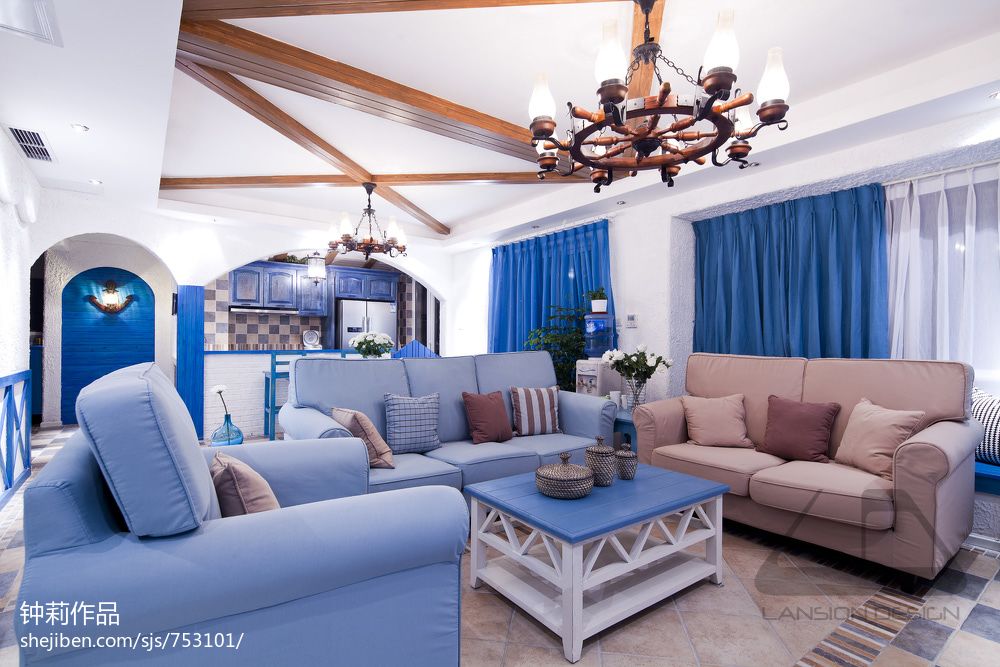 地中海風格客廳實木假吊頂設計效果圖