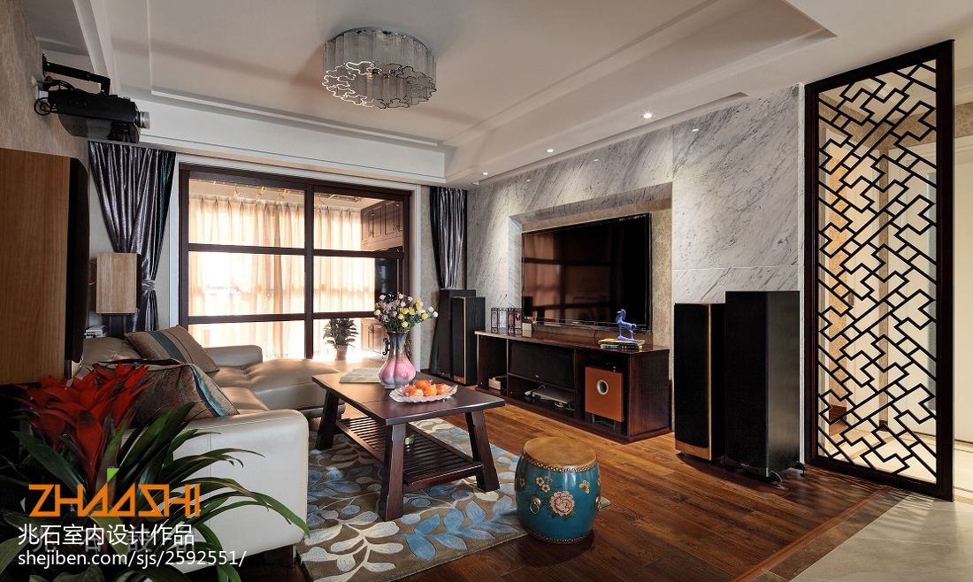 南京新中式現代電視背景墻裝修效果