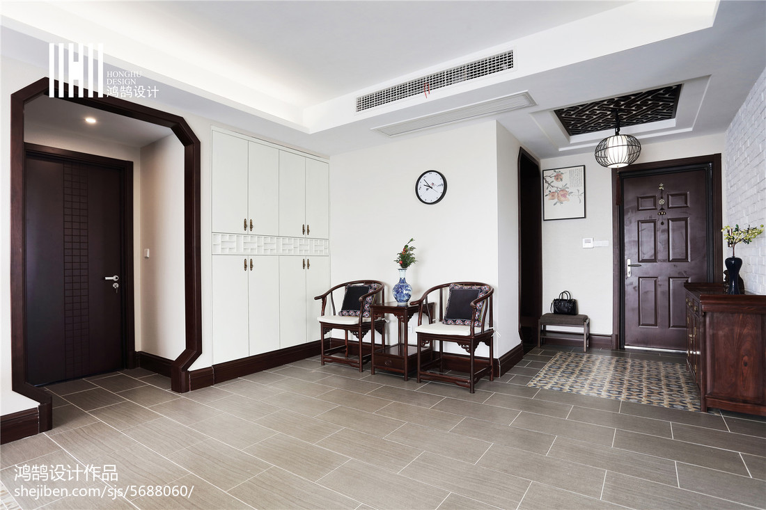 熱門面積106平中式三居玄關裝修圖片欣賞