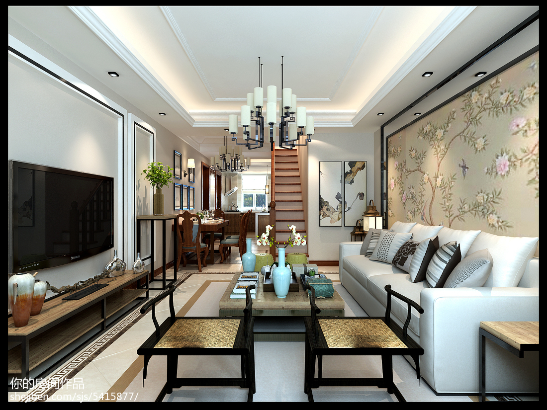 悠雅51平中式復式客廳效果圖片大全