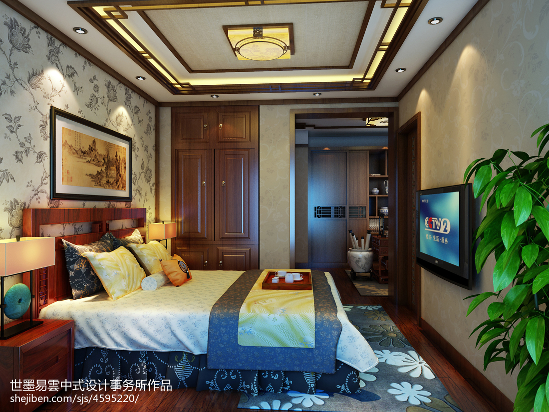 質樸558平中式別墅臥室裝潢圖
