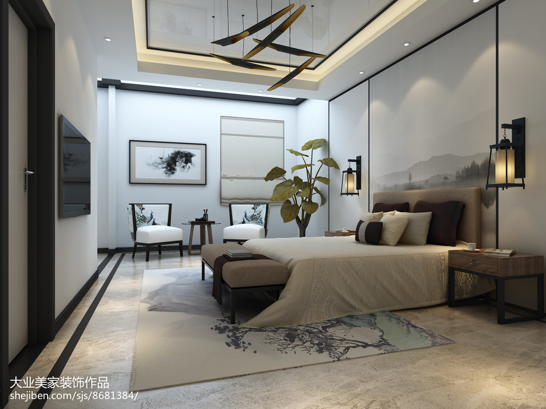 質樸703平中式別墅臥室圖片大全