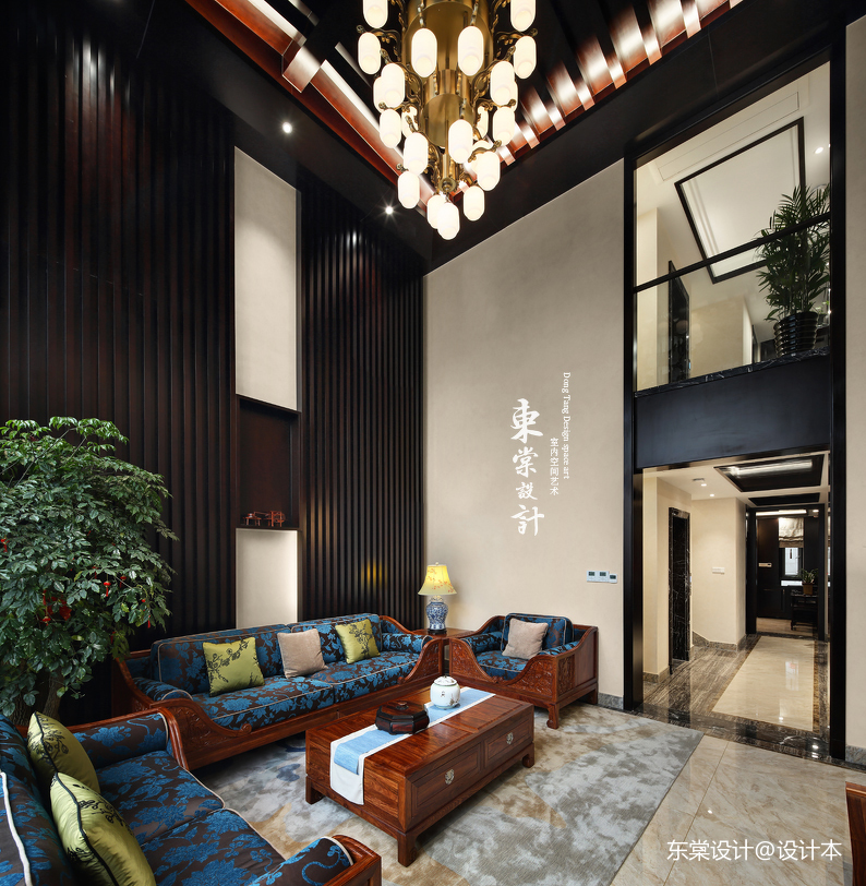 質樸355平中式別墅客廳設計圖