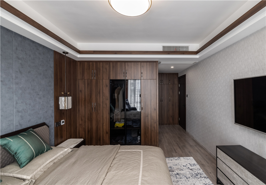 118㎡新中式三居室，入戶玄關做酒柜設計19927399